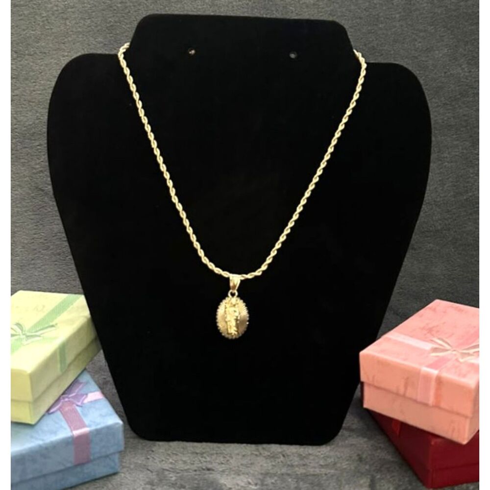 18K Gold Filled San Jude Reversible Pendant Necklace | Blue Crystal & Saint Jude